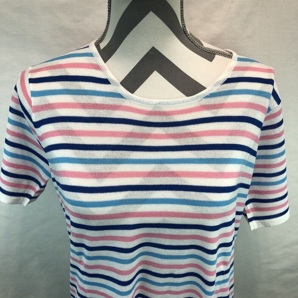 Sara Morgan White Blue Pink Striped Short Sleeve Sweater Shirt Medium HH5